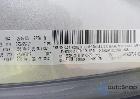 2020 Dodge Grand Caravan Sxt z USA, uszkodzony, nr VIN 2C4RDGCG0LR173976